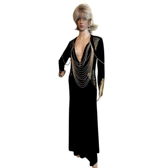 Venus Vintage Black Maxi Dress With Embroidered Details Deep V-Neck Plunge Long - Picture 1 of 15
